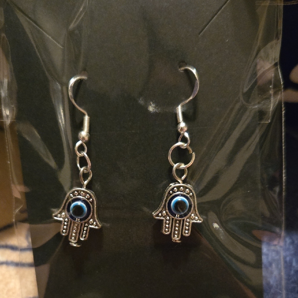 Silver and Blue Hamsa Hand Earrings